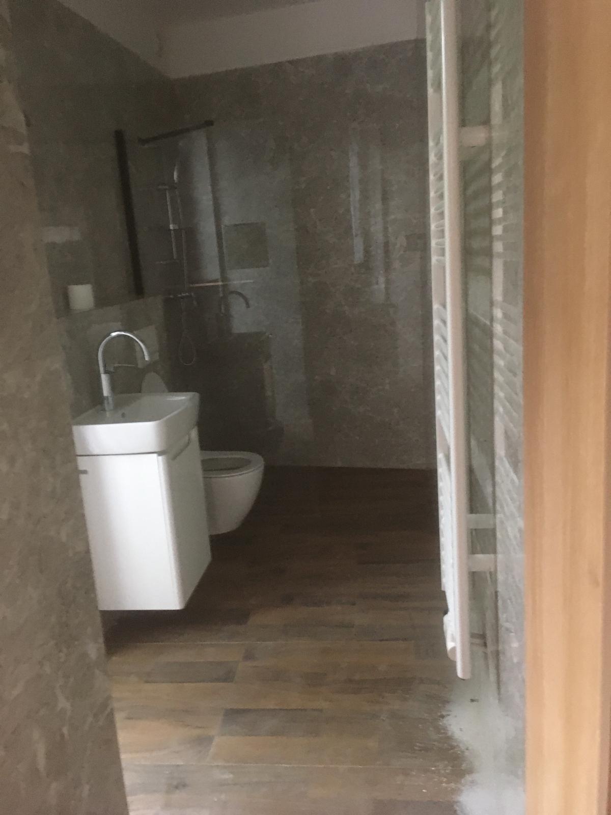 Sanitärraum mit Waschtisch und WC, fertig verfliest